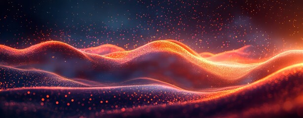 Poster - An abstract colorful wave with glowing particles creates a futuristic digital landscape set against a dynamic and vibrant motion background.