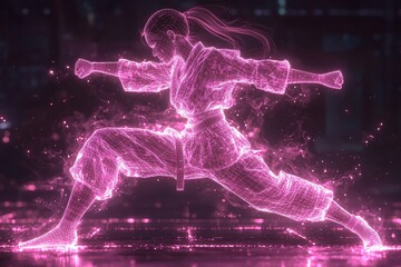 Fototapete - A black background is complemented by a purple glow in an abstract illustration of a dynamic human figure.