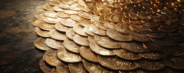 Poster - A stunning close-up of an abundance of gold coins arranged meticulously, reflecting light and showcasing intricate details.