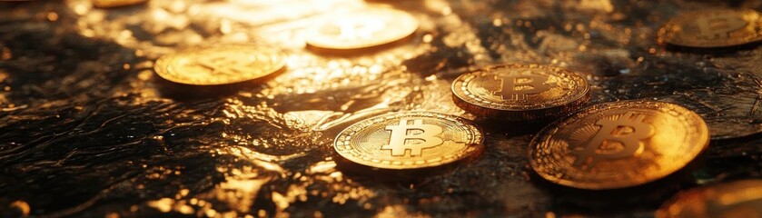 Poster - A close-up view of shiny golden coins on a textured surface, reflecting light and creating a rich, vibrant atmosphere.