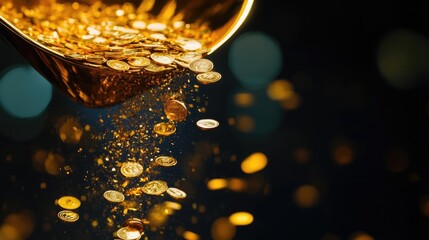 Poster - A close-up image of gold coins spilling from a container, creating a mesmerizing effect with a blurred background.