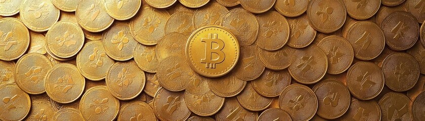 Poster - A stunning collection of golden Bitcoin coins, symbolizing digital currency and investment opportunities in the modern economy.