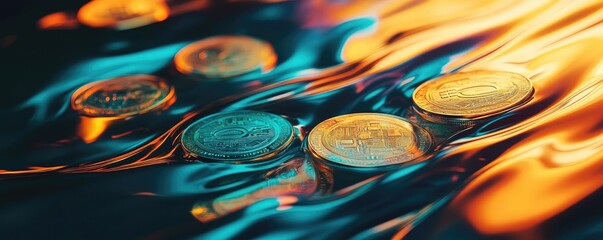 Poster - Five coins shimmer with vibrant colors, reflecting light in a captivating, fluid environment, symbolizing wealth and investment.