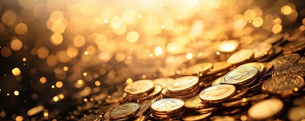 Poster - A stunning close-up of shining coins scattered on a surface, radiating golden light and capturing the essence of wealth.