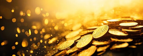 Poster - A close-up view of shimmering golden coins scattered, creating a luxurious and rich atmosphere with bright light effects.