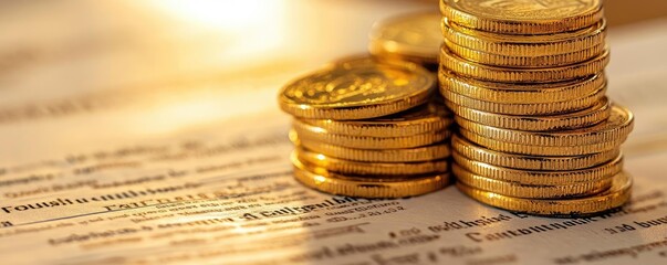 Poster - Close-up of golden coins stacked atop financial documents, representing investment, savings, and wealth management concepts.