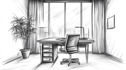 Wall Mural - A drawing of a desk with potted plant and window, AI