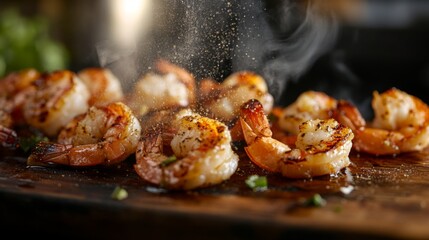 Sticker - A close-up of grilled shrimp being served on a wooden board, with steam rising and a sprinkle of seasoning, highlighting the appetizing presentation.