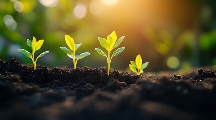 Wall Mural - Four small green seedlings growing in soil with a golden sunset behind them.