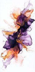 Wall Mural - Alcohol ink abstract painting with fluid shapes, white background, brown and dark purple colors, copper details.