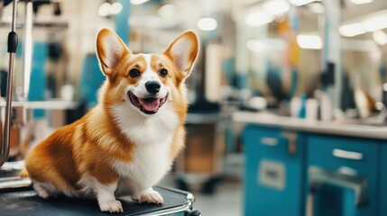 Sticker - A dog sitting on a table in the middle of an animal hospital, AI