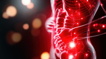 Poster - Abstract illustration of human anatomy highlighting the digestive system with glowing red lights and interconnected structures on a dark background