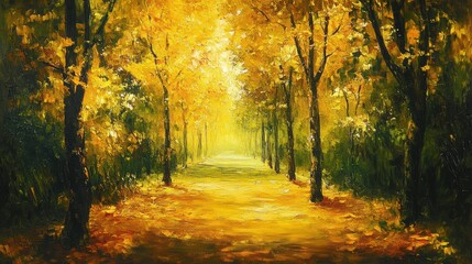  A painting of a path through the woods with yellow leaves, AI