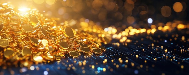 Poster - A sparkling pile of gold coins reflecting light, creating a luxurious and rich atmosphere perfect for financial themes.
