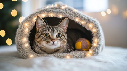 Aufkleber - A cozy cat house with soft bedding and playful toys inside, creating a warm and inviting space for a cat to relax.