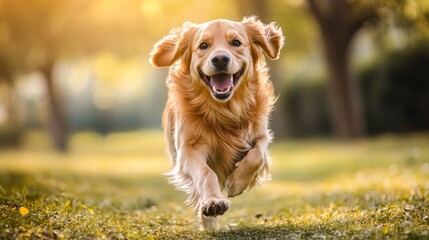 Poster - A cute dog joyfully running across a sunny park, with its fur flowing and a big smile on its face.