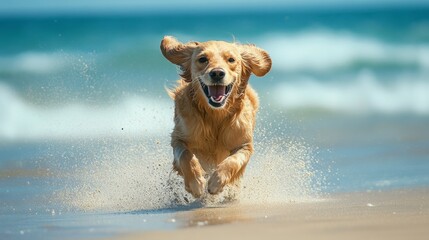 Aufkleber - A cute dog running along a beach, with sand flying and waves in the background, showing its playful spirit.