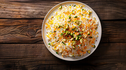 Wall Mural - Plate of saffron rice garnished with pistachios and cilantro