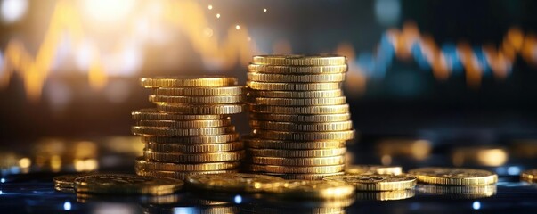 Poster - A close-up view of stacked gold coins with a glowing background, symbolizing wealth, investment, and financial growth.