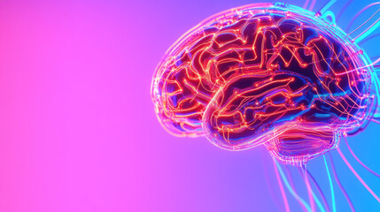 Poster - futuristic depiction of a human brain with glowing neural connections against a gradient purple and 