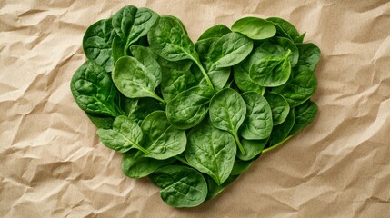 Heart-shaped fresh spinach leaves on kraft paper. Green heart for Valentine's Day in eco-friendly style. Concept of love for green vegetables.