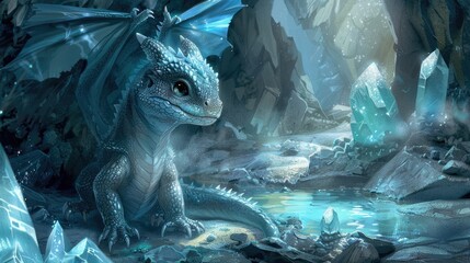 Wall Mural - A cute, small, blue dragon with large amber eyes, tiny wings, and red inner ears sits in the snow.