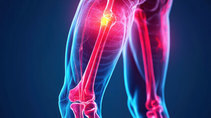 Human knee joint anatomy with highlighted pain area illustrating the skeletal and muscular structures, against a blue background