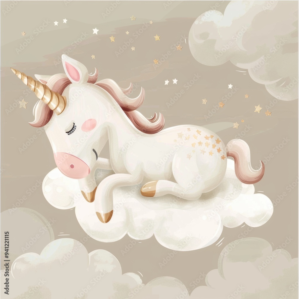 Cute unicorn sleeping on a cloud, with a beige colored background, in a ...
