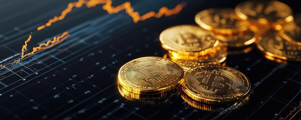 Aufkleber - Close-up of golden coins with a rising graph background, symbolizing cryptocurrency growth and investment opportunities.