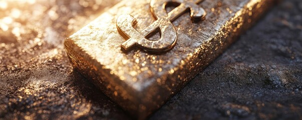 Poster - A close-up of a golden bar featuring a dollar symbol, representing wealth, prosperity, and financial success in finance concepts.