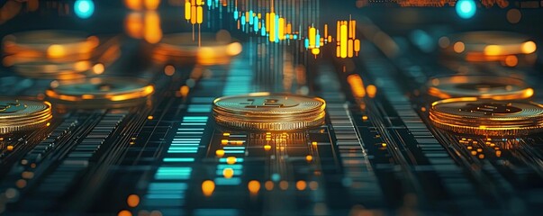 Poster - Digital coins and financial charts represent the dynamic world of cryptocurrency investment and market analysis.