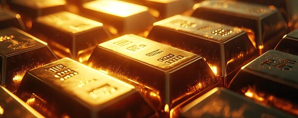 Poster - Close-up shot of shining gold bars stacked together, reflecting warm light, symbolizing wealth and luxury.