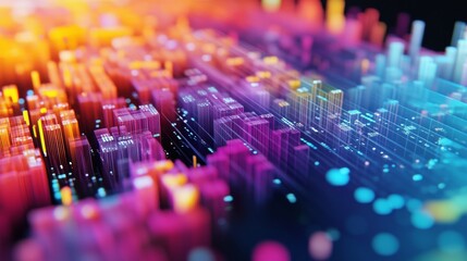 Fototapete - A detailed shot of a 3D surface graph with color gradients and data overlays, depicting complex financial relationships and market trends in an engaging visual format.