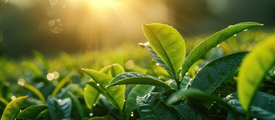 Green tea leaves on a plantation in the morning sun. Concept of tea production, agriculture, and nature.