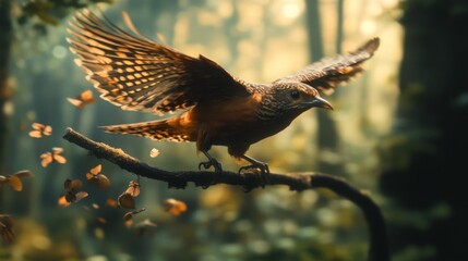 Poster - A detailed shot of a bird taking off from a branch, with feathers in motion and a nearby forest backdrop.