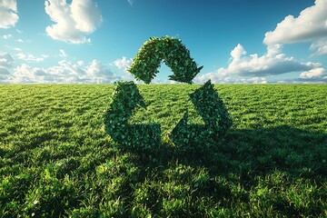 A green recycle symbol made of leaves stands in a lush green field under a bright blue sky with white clouds.