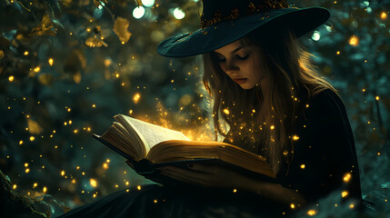 Halloween Witch girl with magic Book of spells portrait. Beautiful young woman in witches hat conjuring, making witchcraft. Over spooky dark magic forest background. Wide Halloween party art design.