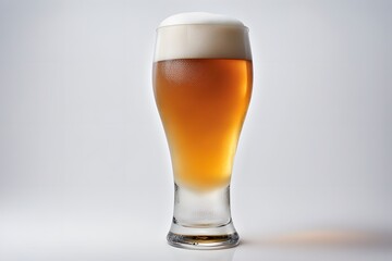 A cold glass of draft beer with a thick foam head on a white background, AI Generated