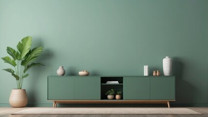 Wall Mural - Green Wall with Mid-Century Modern Cabinet and Plant