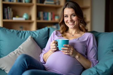 photo of pregnant woman sit on couch both hands holding cup of coffee, generative AI