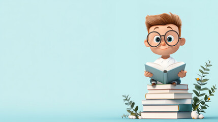 A cheerful cartoon boy reading a book while sitting on a stack of books, surrounded by greenery on a soft blue background.