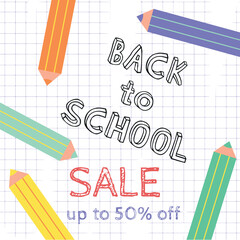 Wall Mural - Back to school banner Sale. A checkered notebook with pencils. Colored pencils and colorful text banner, poster, background.