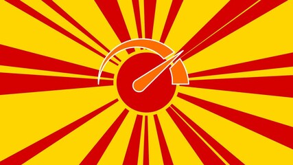 Poster - Tachometer symbol on the background of animation from moving rays of the sun. Large orange symbol increases slightly. Seamless looped 4k animation on yellow background