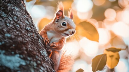 A squirrel is sitting on a tree trunk with leaves in the background, AI