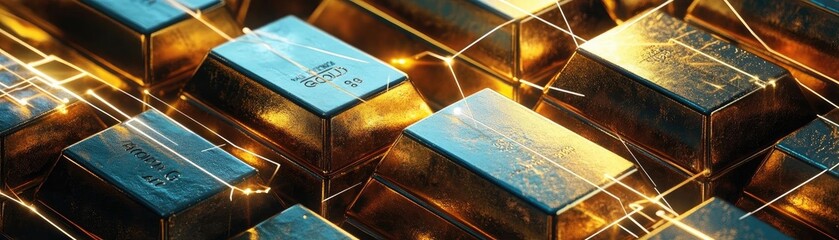 Poster - Close-up of shimmering gold bars stacked together, showcasing their rich texture and gleaming surface in an elegant arrangement.