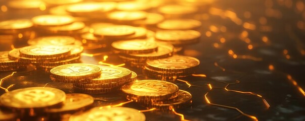 Poster - A close-up of gleaming gold coins reflecting warm light, creating a captivating texture and luxurious ambiance.