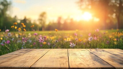 Wall Mural - Wooden Tabletop with a Blurred Background of a Sunset Meadow