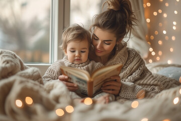 Wall Mural - A mother reading a bedtime story to her child, creating a peaceful and loving bedtime routine 