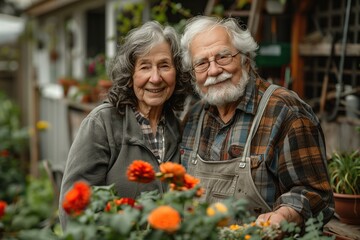 Wall Mural - A senior couple gardening together in their backyard, sharing a moment of companionship and joy 