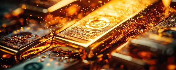 Poster - Dazzling close-up of golden bars reflecting light, showcasing wealth and prosperity with sparkles enhancing the richness.